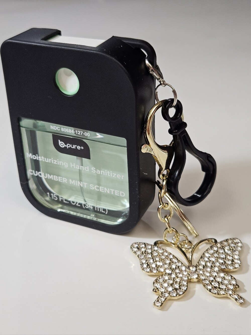 b•pure Hand Sanitizer Cucumber Mint Scent, Black Case + Butterfly Keychain